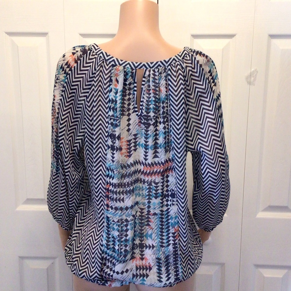 New Directions Womens Chevron Print Sheer Boho Peasant Blouse Top Size Large - Picture 3 of 7